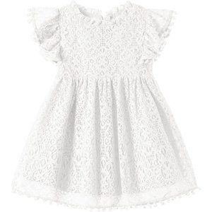 Girls Elegant Lace Pom Pom Flutter Sleeve Party Princess Dress WHITE 5T NWT